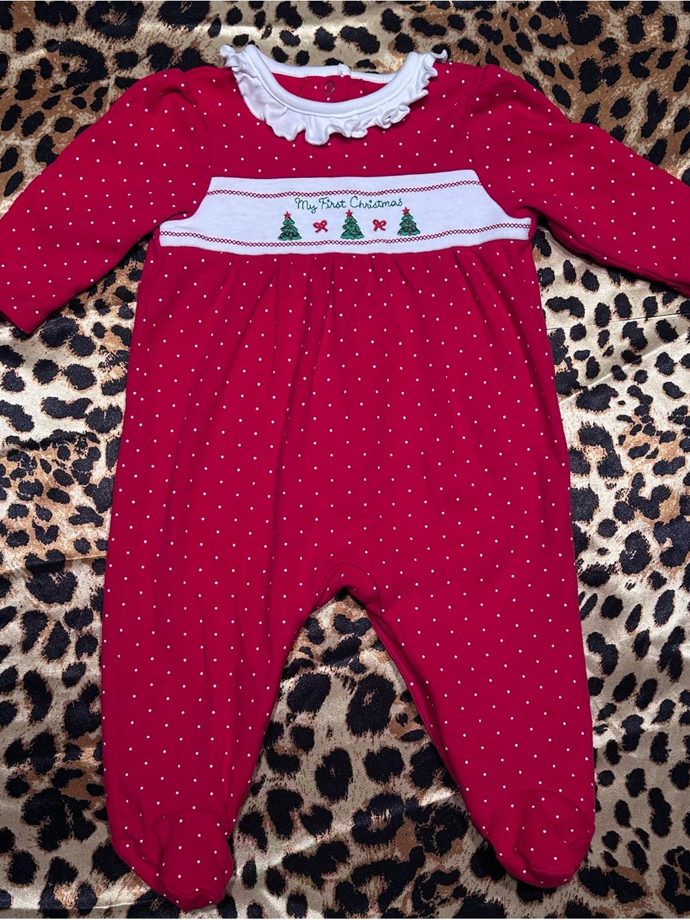 Little Me Red Polka Dot “My First Christmas” Embroidered Footie Playsuit